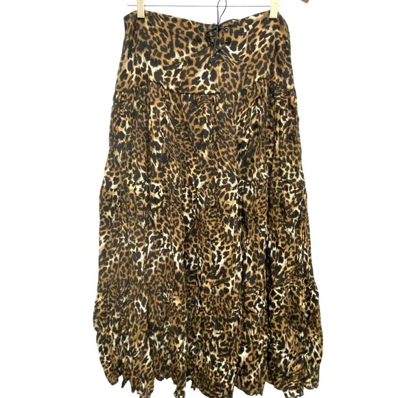 Western Boho Chic Cowgirl Multi Tiered Leopard Long Skirt Elastic Waist 12 VTG - Picture 2 of 11